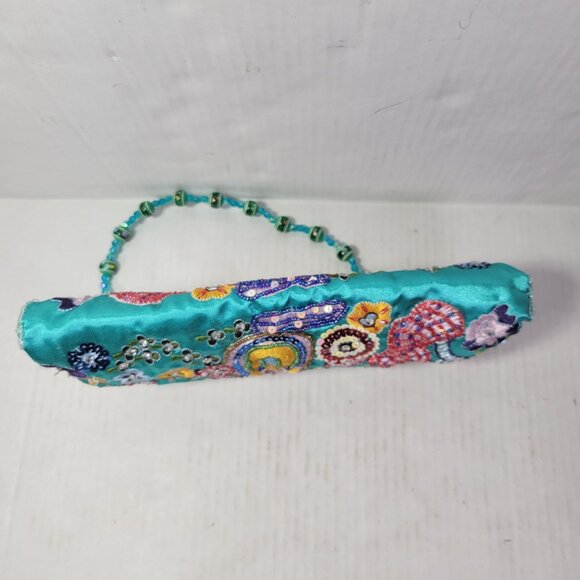 Turquoise Hand Beaded & Embroidered Floral Satin Clutch Purse With Beaded Handle - Picture 8 of 8